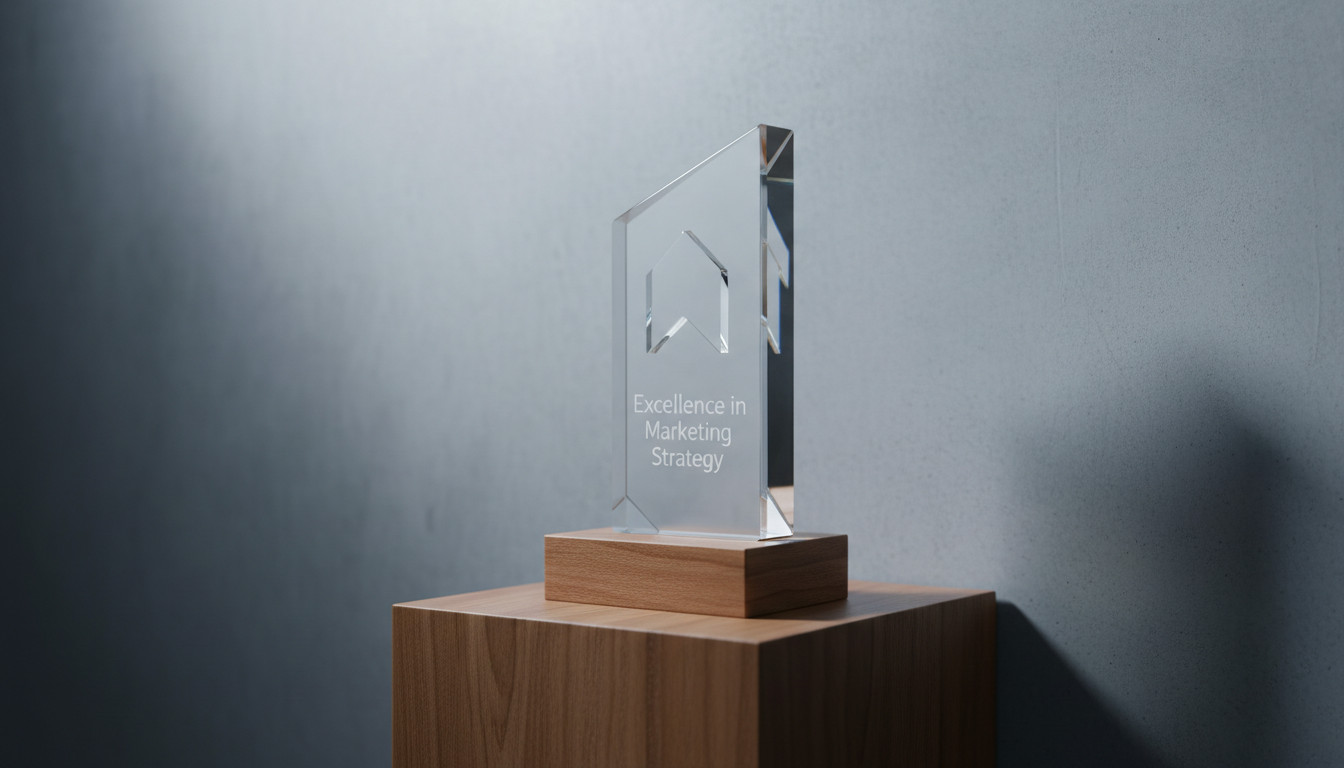 A sleek, frosted-glass award trophy with the engraved inscription "Excellence in Marketing Strategy," resting atop a polished natural walnut podium. The podium sits against a smooth concrete-textured wall, with a background gradient softly shifting from pale silk gray to deep slate. Cool, dramatic side lighting accentuates the frosted texture and sharp edges of the trophy, casting modern, elongated shadows across the podium top and wall behind. The image is shot from a slightly low angle, with centered composition and crisp detail, evoking a mood of achievement and expertise in a distinctively contemporary, minimalist business style.