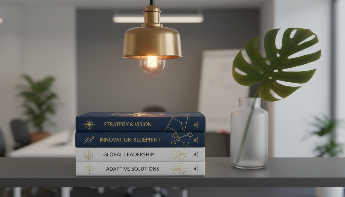 A stack of hardcover business books with textured, deep marine-blue and pearl-white dust jackets featuring elegant, minimalist gold-foil typography. The stack is arranged neatly on a matte charcoal shelf beside a frosted-glass vase containing a single Monstera leaf, set against a softly blurred background of a tidy consultancy office. Warm pendant light above casts a cozy, focused glow on the book spines, creating luminous highlights and gentle shadows that convey knowledge and refinement. Captured at an eye-level angle with shallow depth of field, the composition creates a welcoming and aspirational atmosphere, ideal for a consultancy’s blog or resource section. The artistic style embodies modern elegance and simplicity.