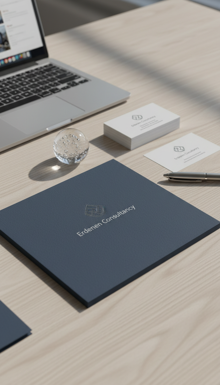 A sophisticated arrangement of branded stationery on a light ash-wood desk, including a textured navy-blue folder stamped with "Erdenen Consultancy" in minimalist silver foil, smooth matte business cards with sleek embossed logo accents, and a brushed metal pen. The items are neatly aligned, surrounded by a glass paperweight and a sleek laptop partially visible in the frame. Gentle daylight streams from the side, adding soft highlights and shadow play across the surfaces. The scene exudes refined professionalism and contemporary clarity, photographed from a slightly elevated angle with sharp focus on the branding details and subtle background blur. The artistic style is clean, modern, and business-forward, perfectly emphasizing organized consultancy expertise.